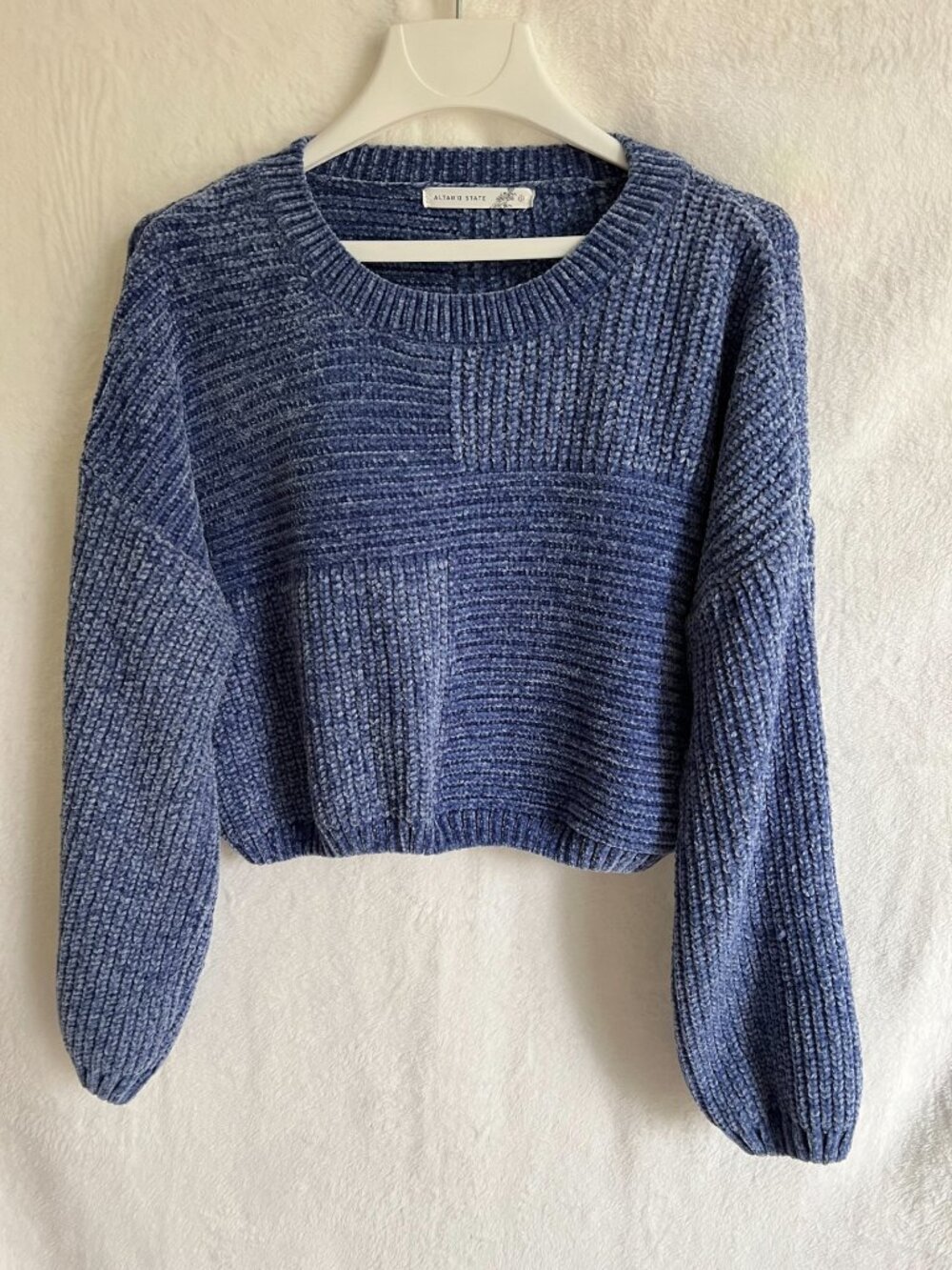Altar'd State Blue Chenille Cropped Knit Sweater Sz S Soft Cozy Pullover